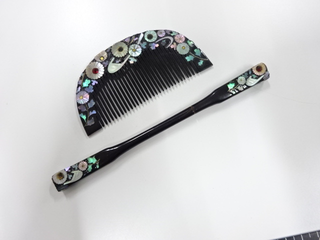 アンティーク　漆塗り螺鈿　櫛・笄セット